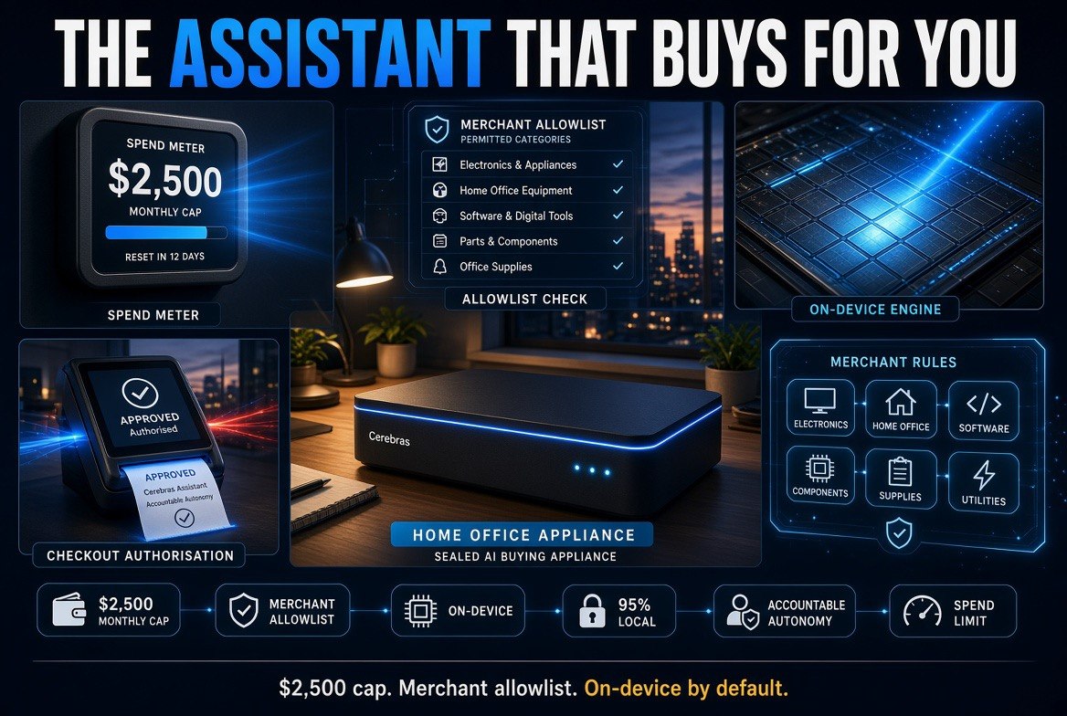 Cerebras home office buying appliance with $2,500 monthly spend meter, merchant allowlist and on-device engine panels