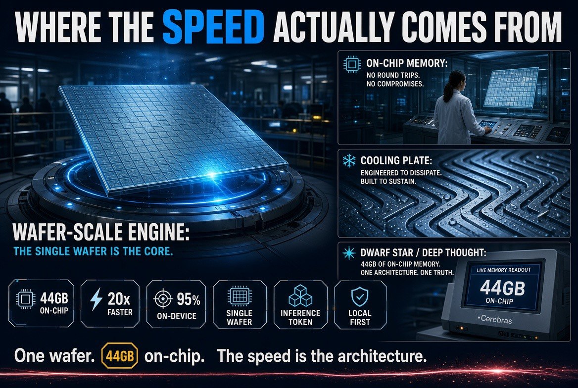 Wafer-scale engine on an inspection plinth with 44GB on-chip memory, cooling plate and a single wafer architecture