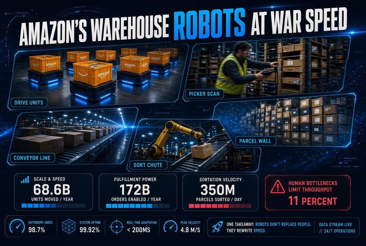 Amazon warehouse robots: drive units, picker scan, conveyor and sort chute