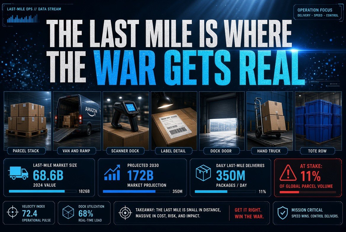 The last mile: parcel stack, van and ramp, label detail