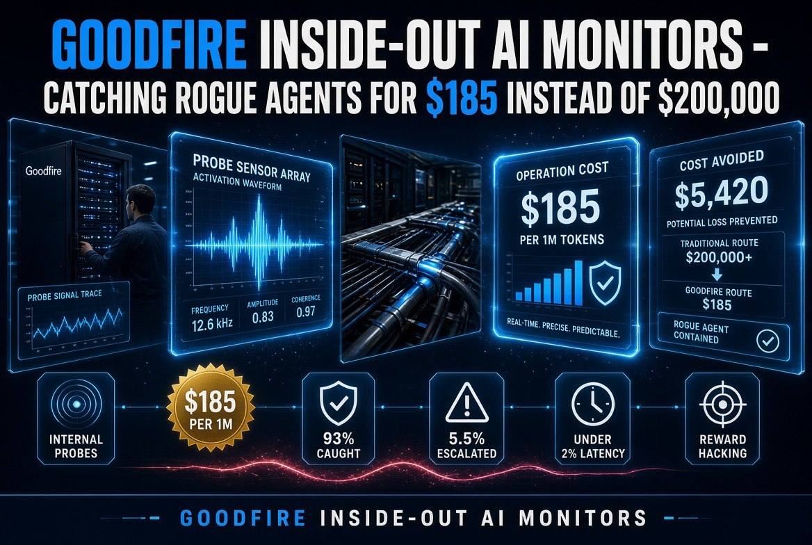 Infographic showing Goodfire internal-activation probes reading a model internal signals inside a GPU inference hall